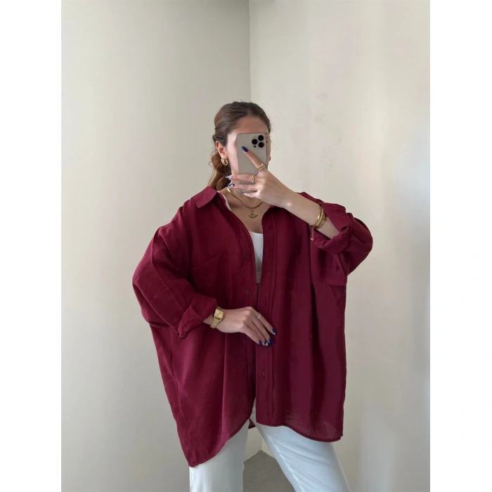 Bordo Oversize Tensel Gömlek