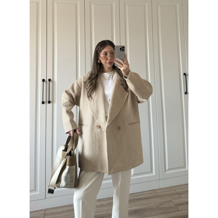 Camel Balıksırtı Desenli Kaşe Kaban