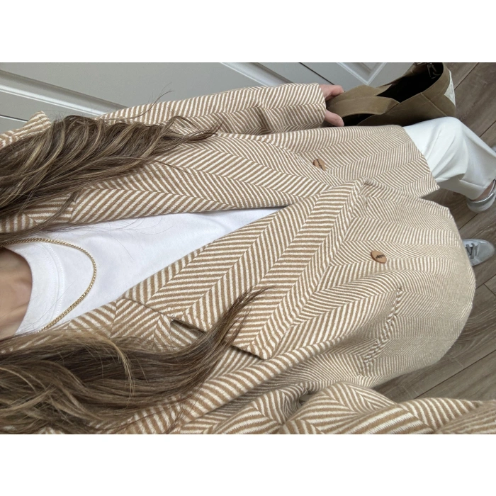 Camel Balıksırtı Desenli Kaşe Kaban