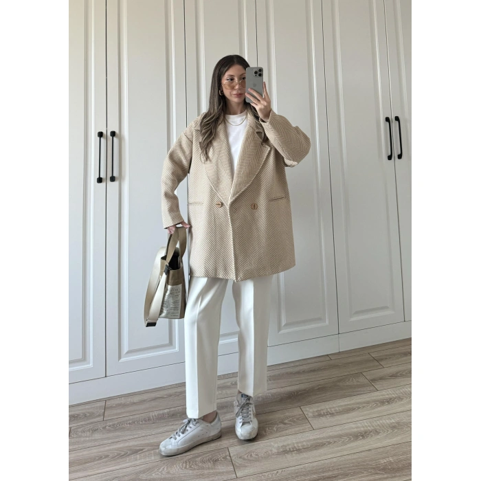 Camel Balıksırtı Desenli Kaşe Kaban