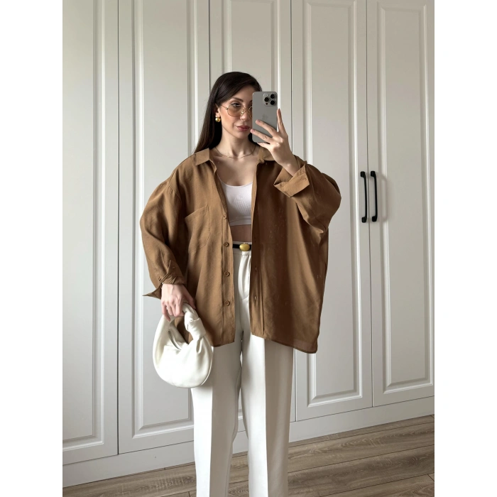 Camel Oversize Tensel Gömlek