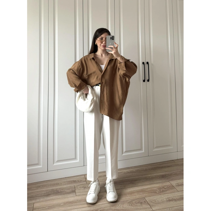 Camel Oversize Tensel Gömlek