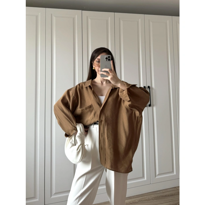 Camel Oversize Tensel Gömlek