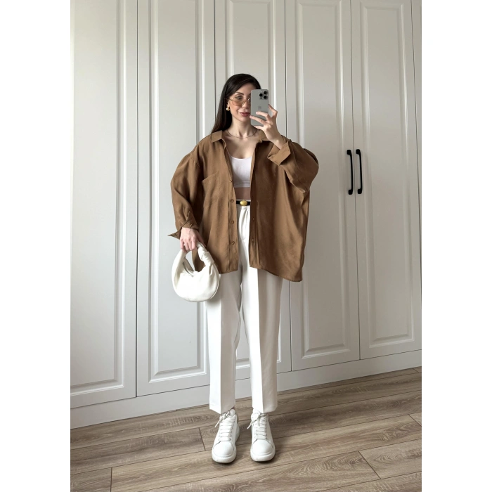 Camel Oversize Tensel Gömlek