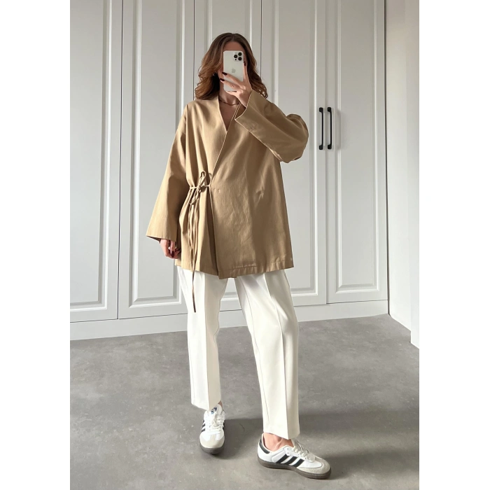 Cappuccino Yandan Bağlamalı Gabardin Kimono Ceket
