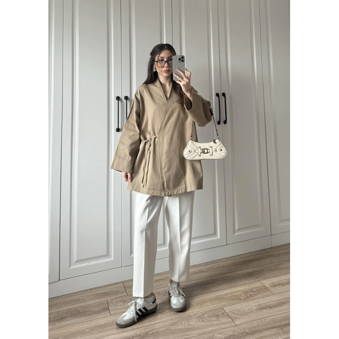 Cappuccino Yandan Bağlamalı Gabardin Kimono Ceket