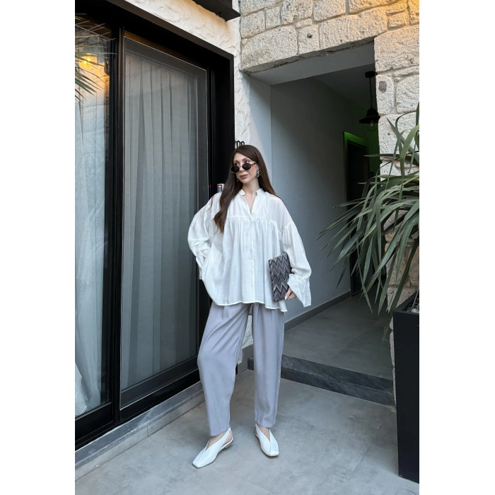 Çift Pensli Basic Tensel Gri Pantolon