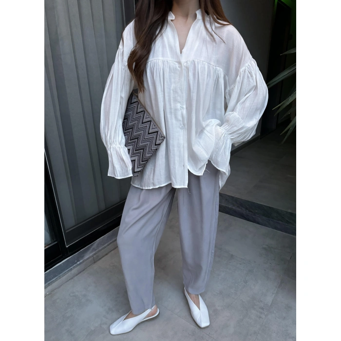 Çift Pensli Basic Tensel Gri Pantolon