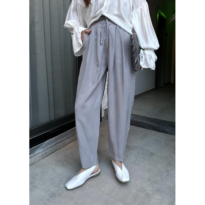 Çift Pensli Basic Tensel Gri Pantolon