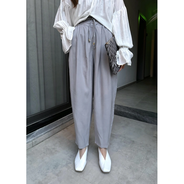 Çift Pensli Basic Tensel Gri Pantolon