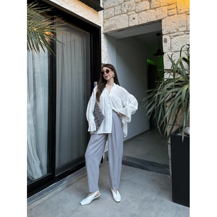 Çift Pensli Basic Tensel Gri Pantolon