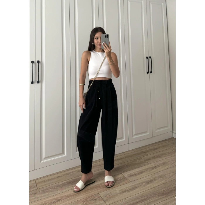 Crep Kumaş Bel Tasarım Şalvar Siyah Pantolon