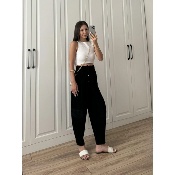 Crep Kumaş Bel Tasarım Şalvar Siyah Pantolon