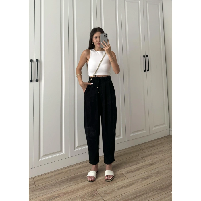 Crep Kumaş Bel Tasarım Şalvar Siyah Pantolon
