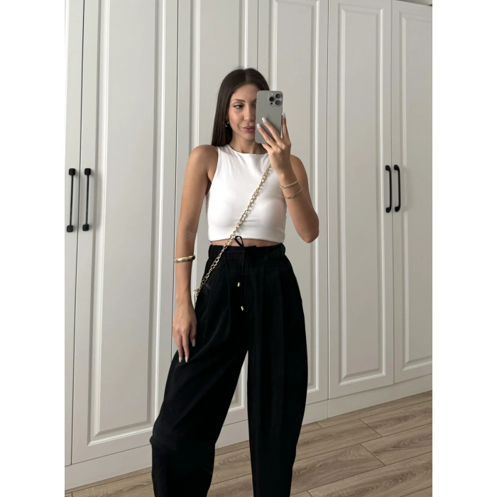 Crep Kumaş Bel Tasarım Şalvar Siyah Pantolon
