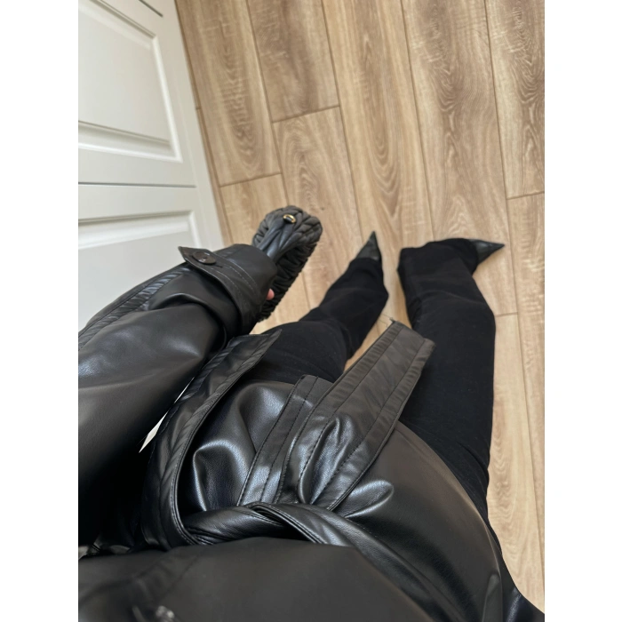 Dik Yaka Astarlı Premium Siyah Deri Ceket