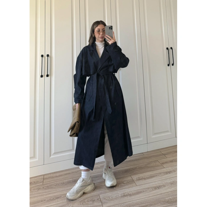 Ekstra Oversize Denim Kuşaklı Trençkot