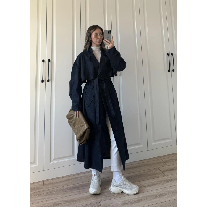 Ekstra Oversize Denim Kuşaklı Trençkot