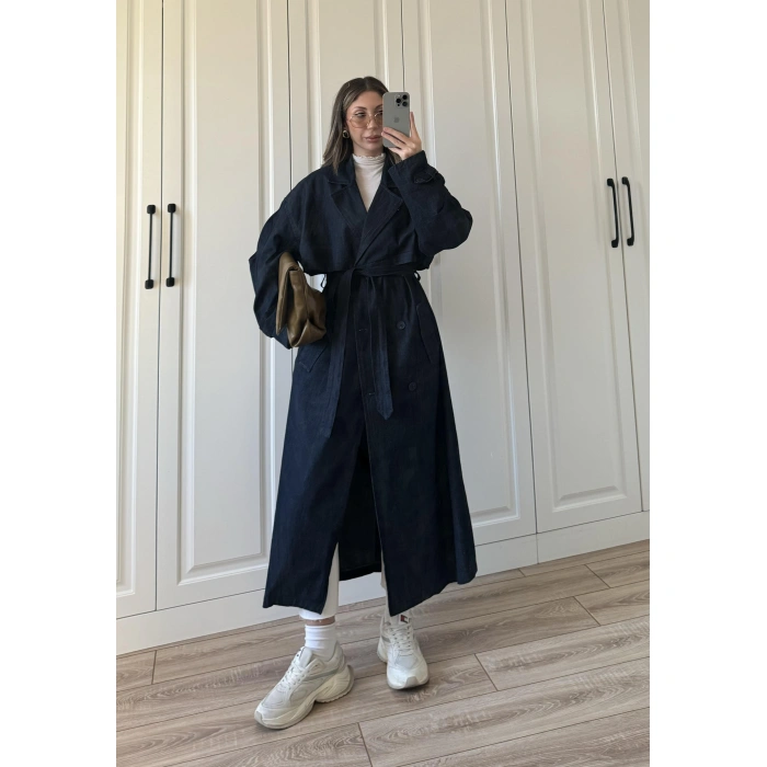 Ekstra Oversize Denim Kuşaklı Trençkot