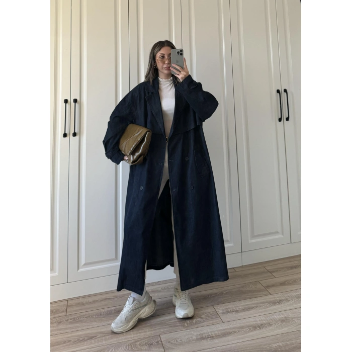 Ekstra Oversize Denim Kuşaklı Trençkot