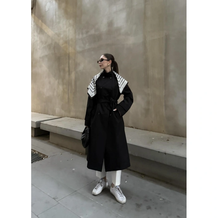 Fularlı Oversize Premium Siyah  Trençkot