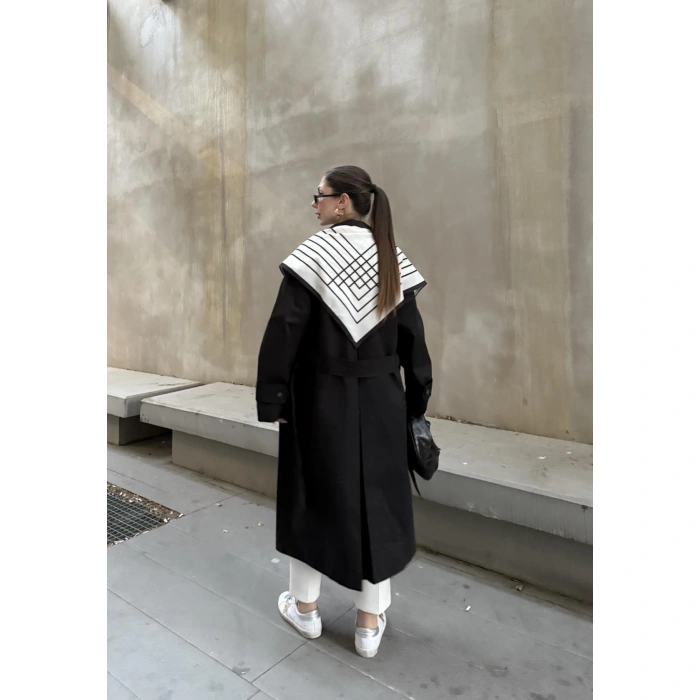 Fularlı Oversize Premium Siyah  Trençkot