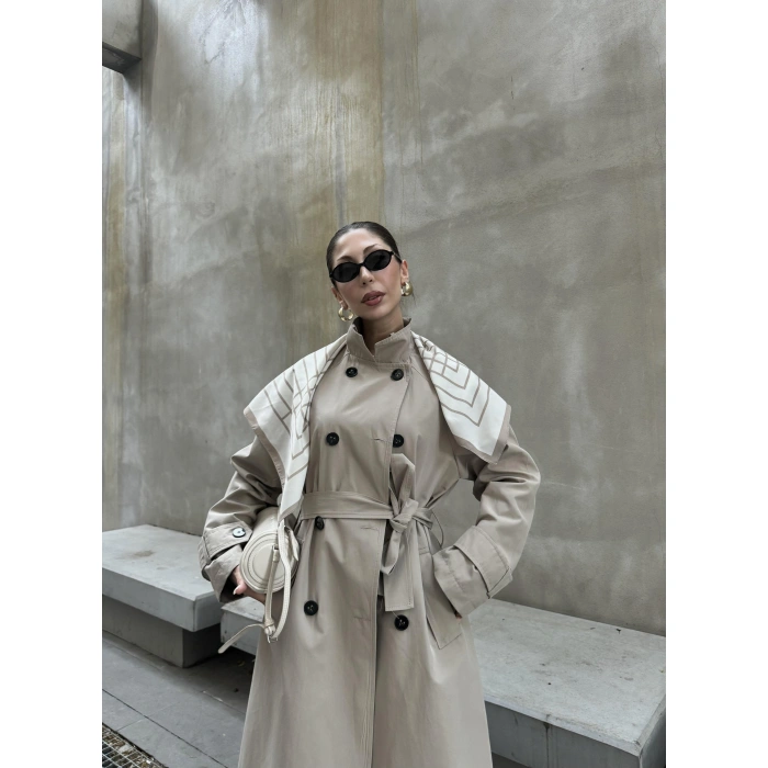 Fularlı Oversize Premium Taş Trençkot