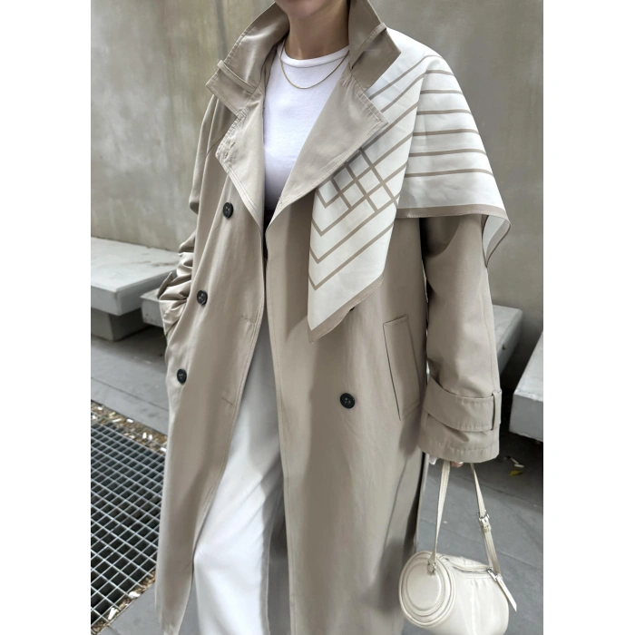 Fularlı Oversize Premium Taş Trençkot