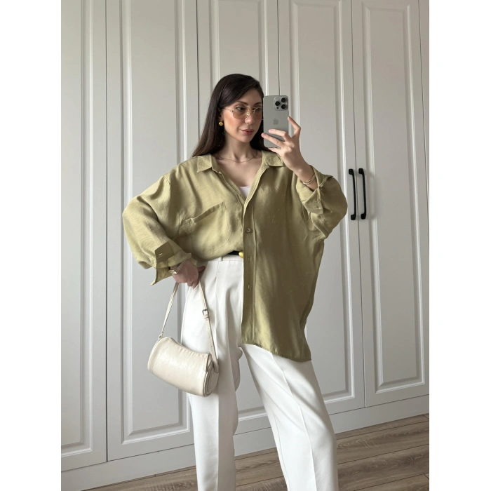 Haki Oversize Tensel Gömlek