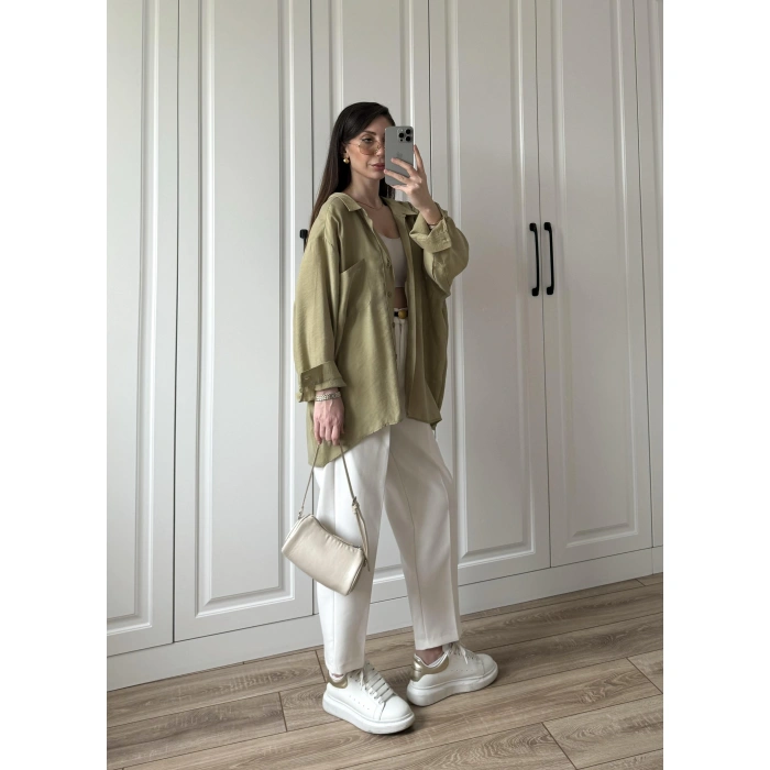 Haki Oversize Tensel Gömlek