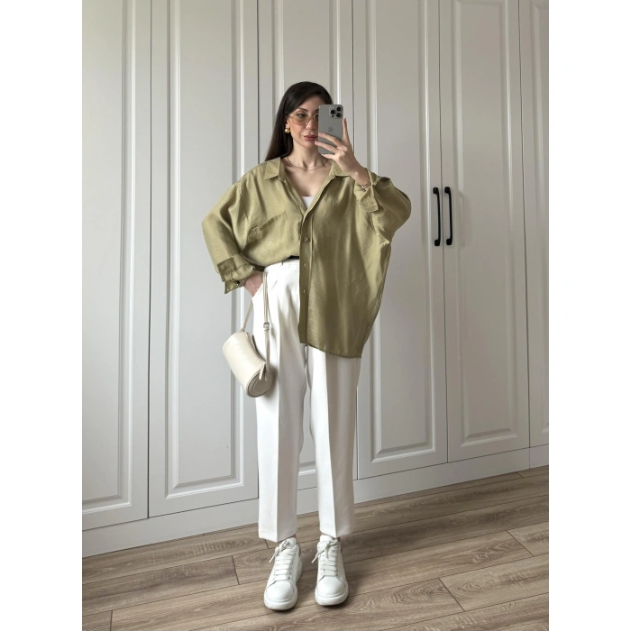 Haki Oversize Tensel Gömlek