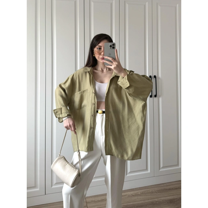 Haki Oversize Tensel Gömlek