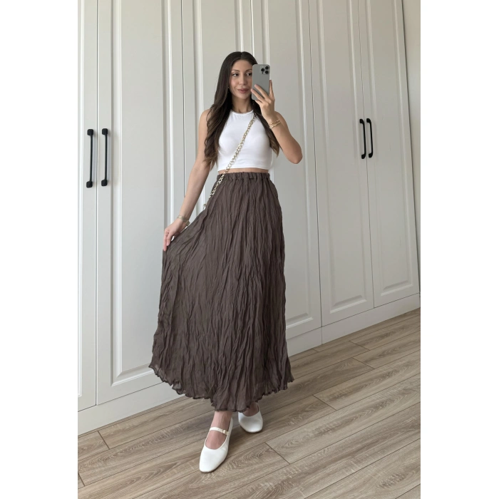 Holla Astarlı Kırışık Kahve Tül Etek