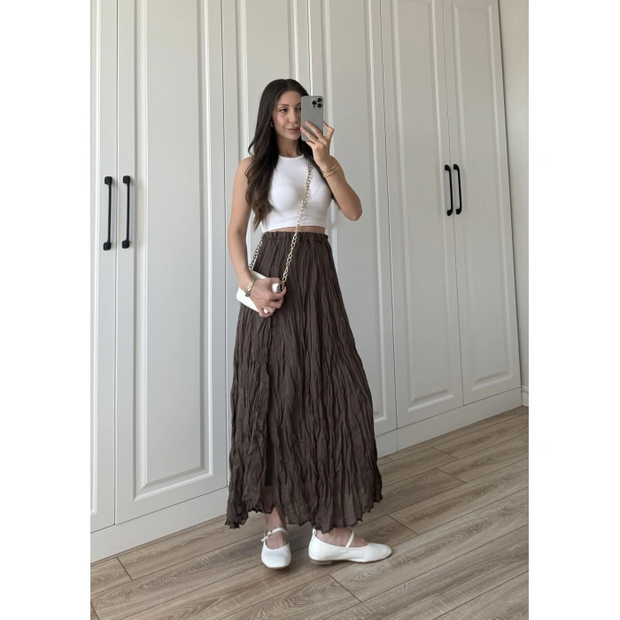 Holla Astarlı Kırışık Kahve Tül Etek