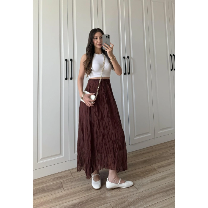 Holla Astarlı Kırışık Tarçın Tül Etek