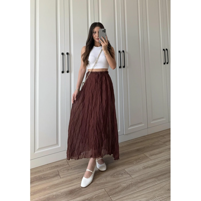 Holla Astarlı Kırışık Tarçın Tül Etek