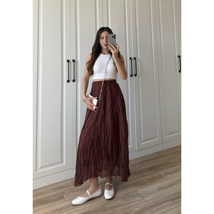 Holla Astarlı Kırışık Tarçın Tül Etek