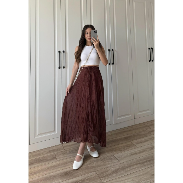 Holla Astarlı Kırışık Tarçın Tül Etek