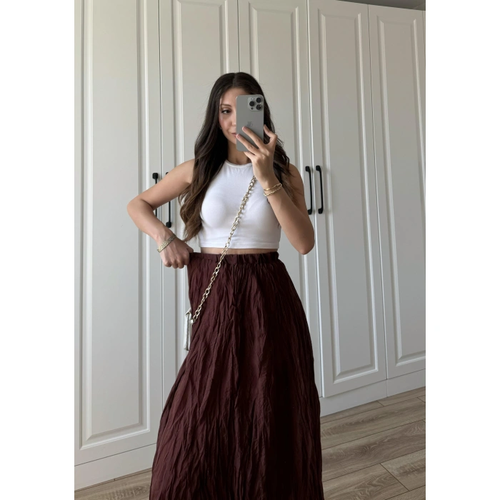 Holla Astarlı Kırışık Tarçın Tül Etek