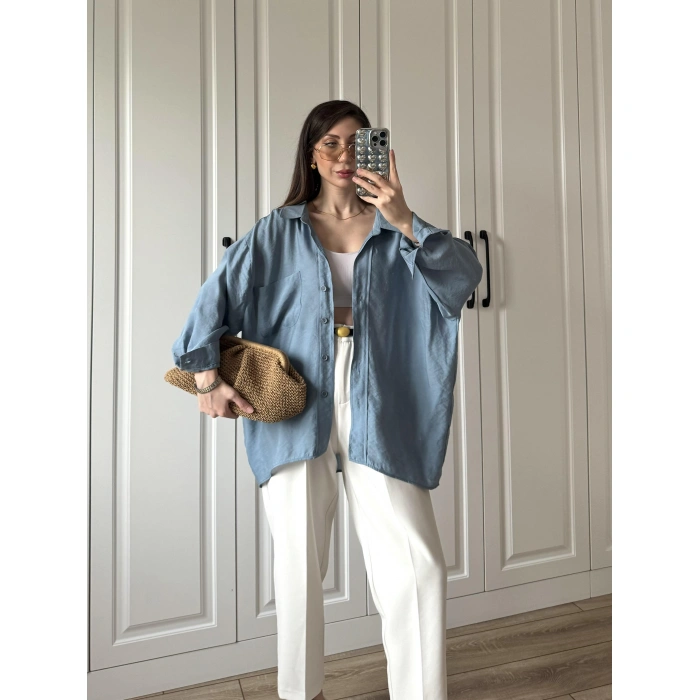 İndigo Oversize Tensel Gömlek