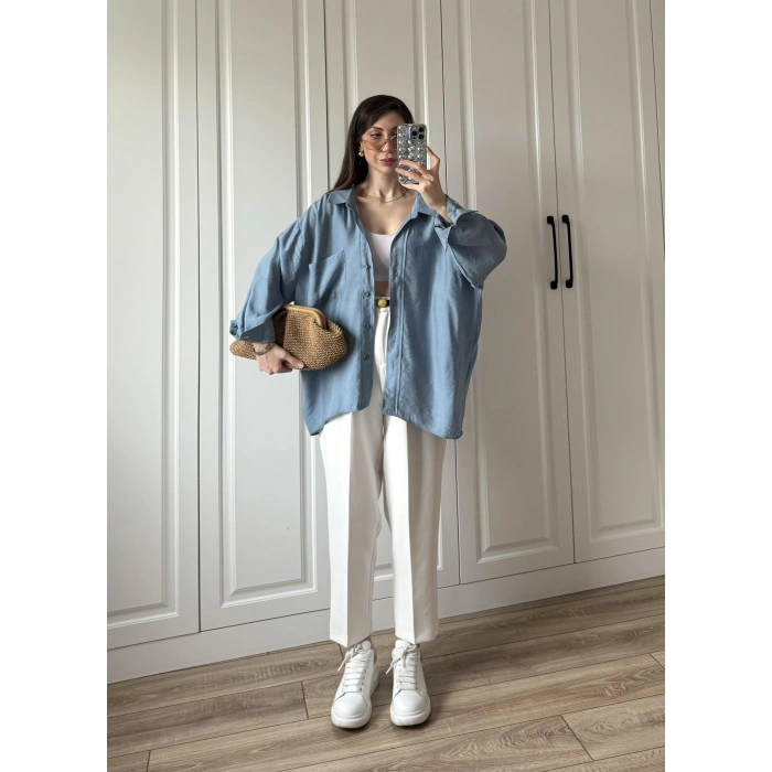 İndigo Oversize Tensel Gömlek