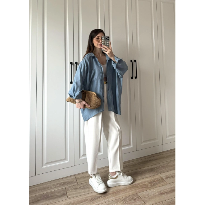 İndigo Oversize Tensel Gömlek