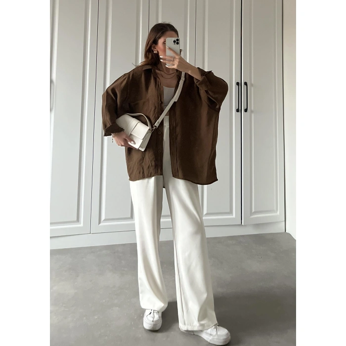 Kahve Oversize Tensel Gömlek