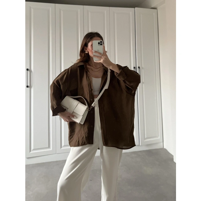 Kahve Oversize Tensel Gömlek