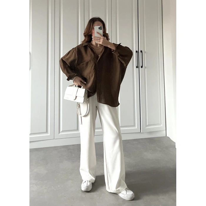 Kahve Oversize Tensel Gömlek