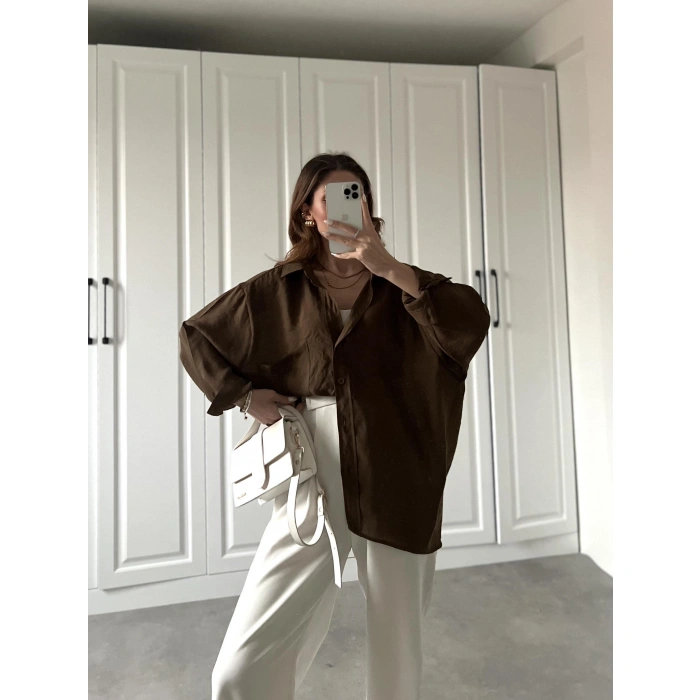 Kahve Oversize Tensel Gömlek