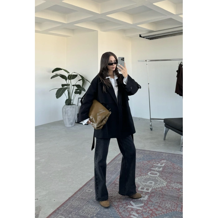 Kativa Oversize Astarlı Premium Siyah Trençkot