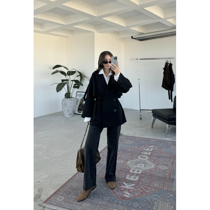 Kativa Oversize Astarlı Premium Siyah Trençkot