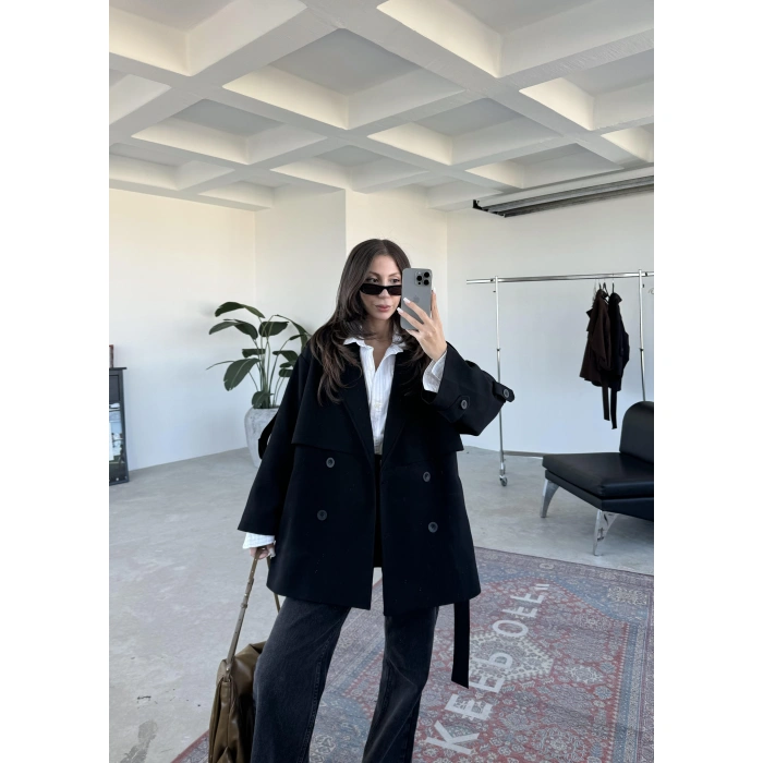 Kativa Oversize Astarlı Premium Siyah Trençkot