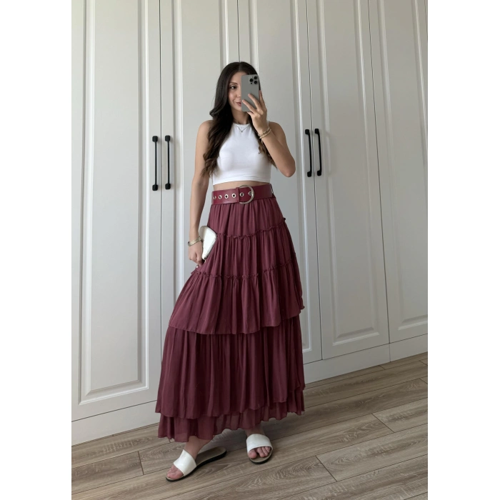 Katlı Boho Vual Kemerli Bordo Etek